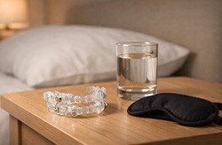 Custom-fitted nightguard on bedside table next to glass of water and sleep mask