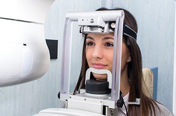 Closeup of woman receiving 3 D C T cone beam scans