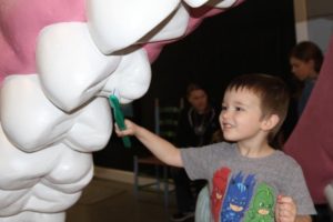 A child brushing the dental exhibit.