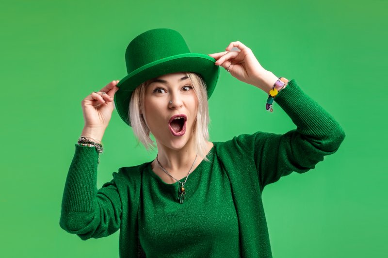 woman smiling for St. Patrick’s Day in Columbia