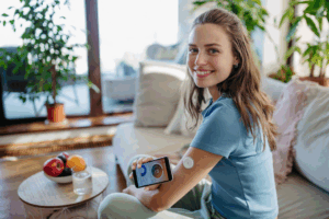 a woman holding her phone up to her blood sugar monitor and smiling
