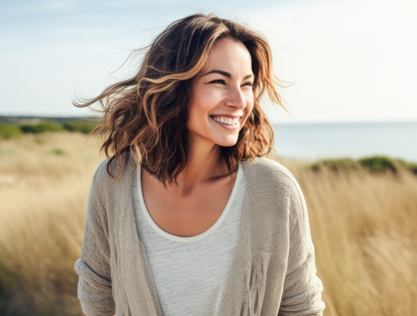 Older woman smiling and walking in a field