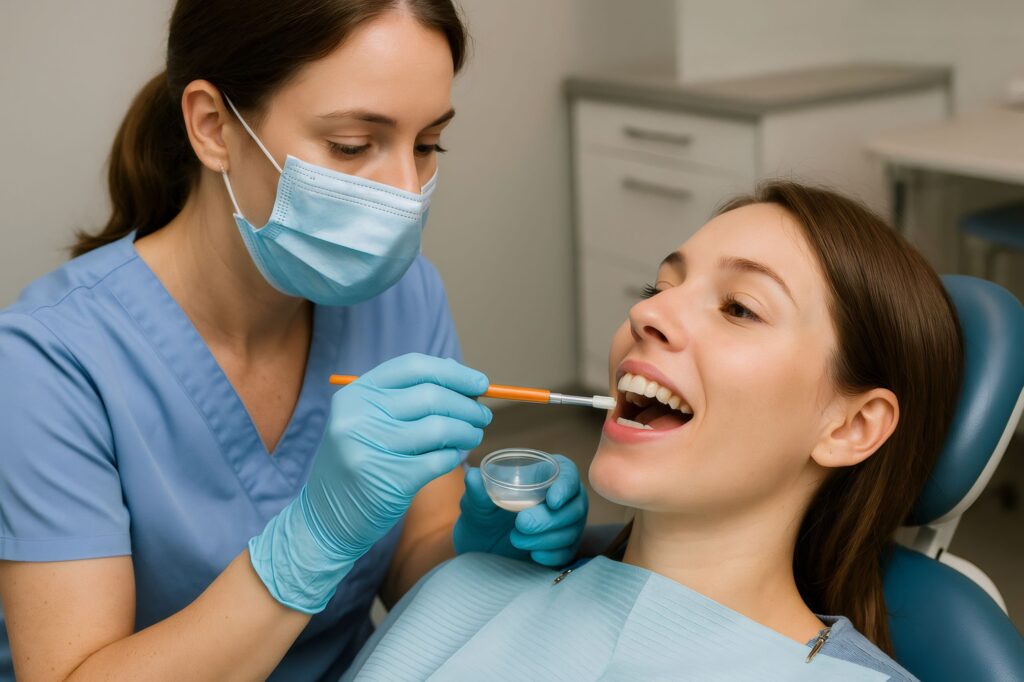 Dentist applying fluoride to patient's teeth