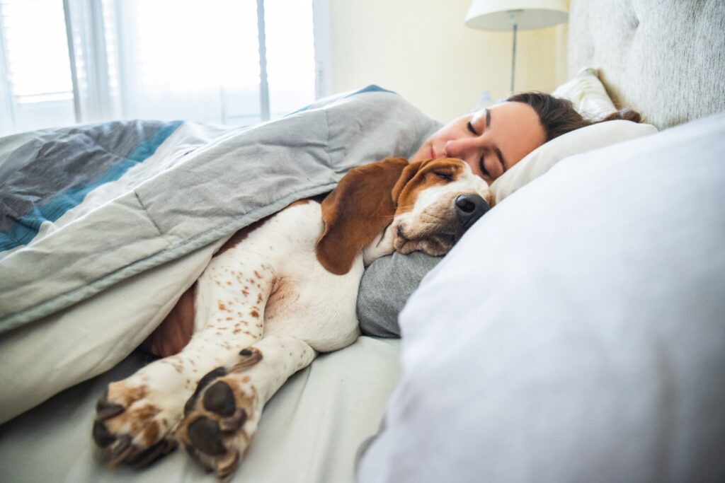 Woman asleep in bed with her dog