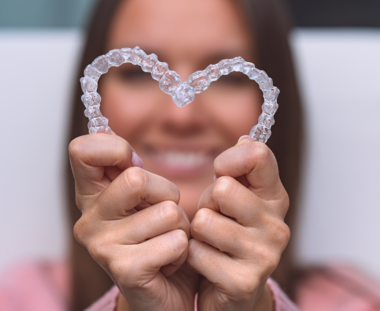 Woman holding clear aligners in heart shape