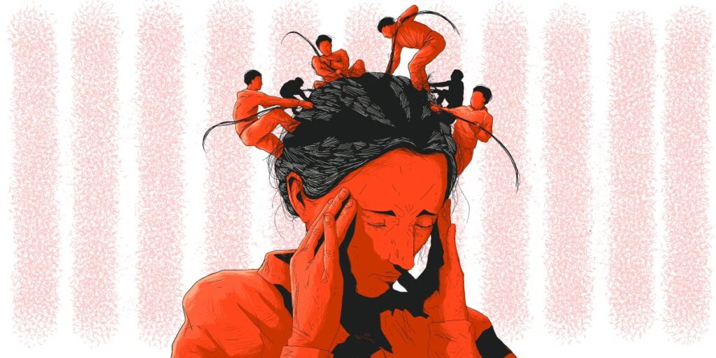 An interpretive drawing of a woman having intrusive thoughts.
